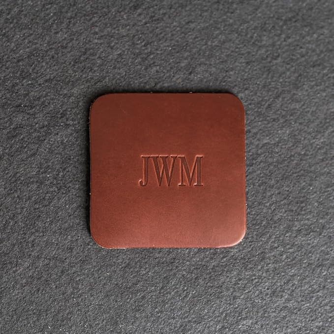Ox & Pine Personalized Leather Coaster - Sold Individually or in Sets of 4 - Customize Inscription - 100% Full-Grain Leather – 4" Round or 4" Square (Round, Stone Natural, 1 Individual Coaster)