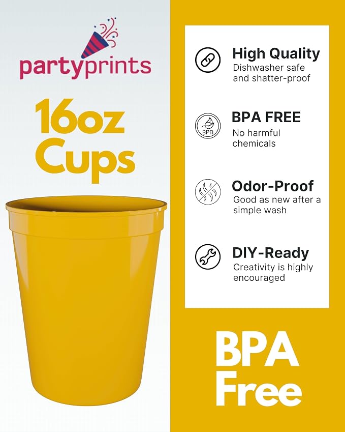 PartyPrints 100 Pack 16 oz Yellow Reusable Blank Plastic Cups, Stadium Cups - Image 2