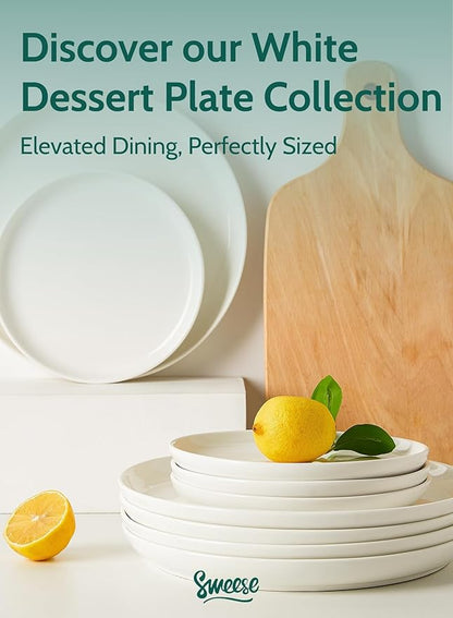 Sweese 10 Inch Porcelain Dinner Plates, White, Set of 6 - Microwave, Oven, Dishwasher Safe, Scratch-Resistant