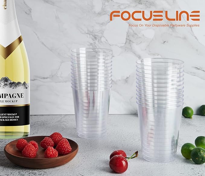 FOCUSLINE 100 Count 10 oz Clear Plastic Cups | Disposable Heavy Duty Hard - Image 3