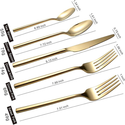 Gold Silverware Set, 20-Piece Flatware Cutlery Set Service for 4, Heavy Duty Titanium Coating Modern Design, 18/0 Stainless Steel Utensils, Dishwasher Safe