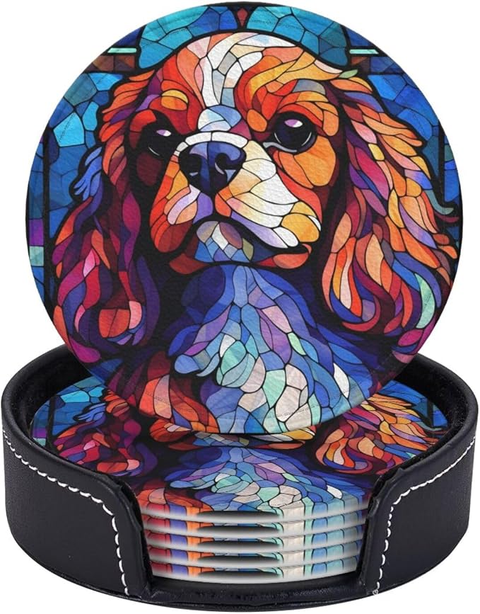 King Charles Cavalier Stained Dog Breed Glass Art Leather Drinks Coasters by Novgift