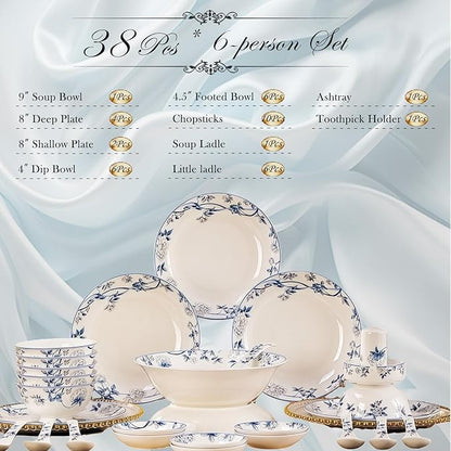 38 Pcs Fine Bone China Dinnerware Set,Porcelain&Ceramic Dinnerware Sets,Bone Stoneware & Ceramic Cookware Tableware Set Includes Dinner Plates|Spoons|Pasta Bowls|Soup Pot|Chopsticks