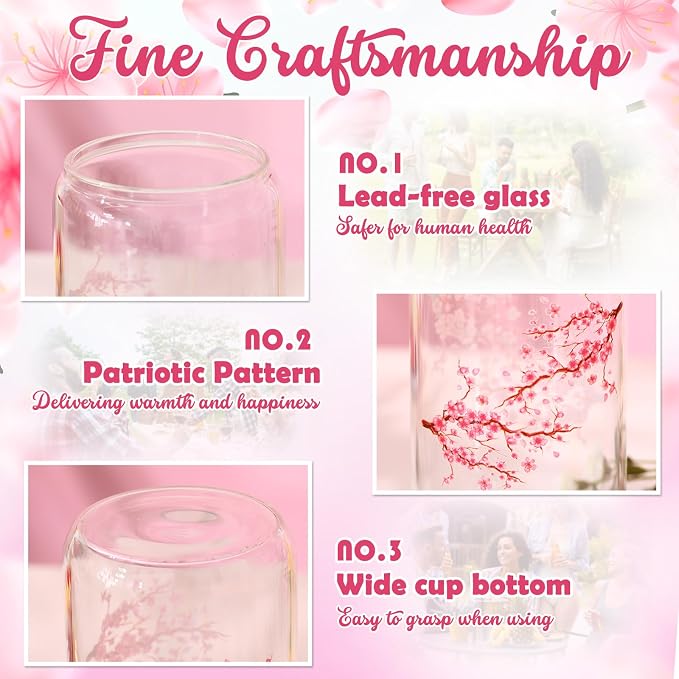 Sliner 2 Pcs Cherry Blossom Glass Cups Floral Drinking Glasses Sakura Iced - Image 6