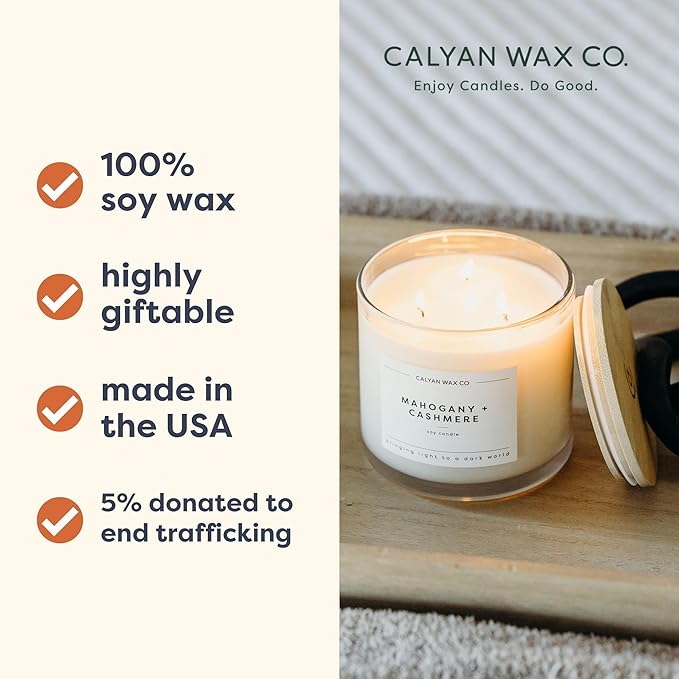 Calyan Wax Co. Oakmoss & Amber 3 Wick Scented Candle - 43 Hour Burn - Luxury 3 Wick Soy Candles - Non Toxic Soy Wax Candles - Long Lasting Large Glass Jar Candle for Home - 14.9oz