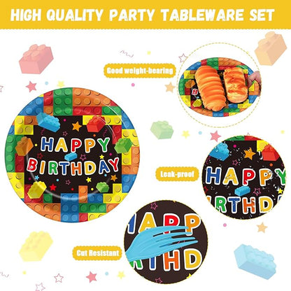 200 Pcs Building Blocks Birthday Party Supplies Paper Plates Napkins Colorful Blocks Party Birthday Decorations Favors for Kids Bricks Serves 50