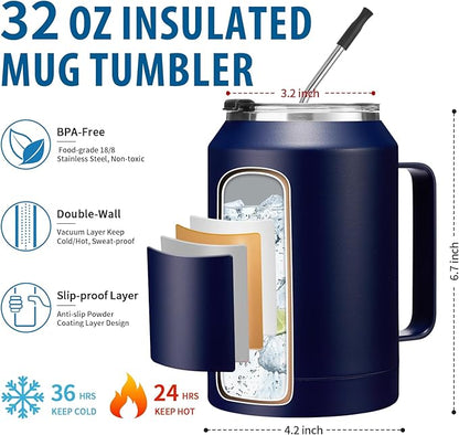 32 oz Mug Tumbler with Handle and Straw - Large Stainless Steel Coffee Cup with 2-in-1 Lid, Insulated Water Bottle Flask Jug, Metal Thermal Cup Keep Cold 36 hrs, Leakproof Proof BPA-Free