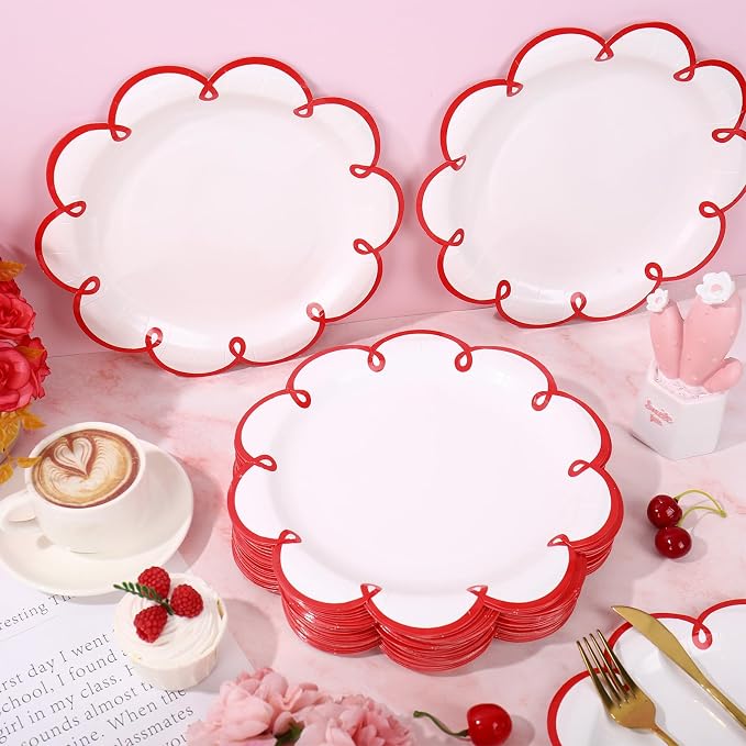 JarThenaAMCS 50 Pcs Red Edge Paper Plates Scalloped Disposable Plate Decorative - Image 5