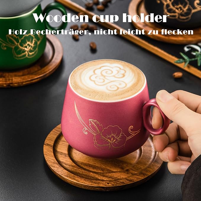 Yundu 10oz Cappuccino Cups & Wooden Saucers Set - Image 4