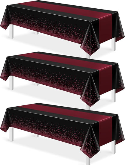 3Pcs Black and Maroon Tablecloth Party Decorations, Plastic Black Table Cloth by MASHAN