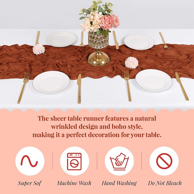 3 Pack Terracotta Cheesecloth Table Runner, 17 x 108 Inch, Gauze Cheese Cloth - Image 3