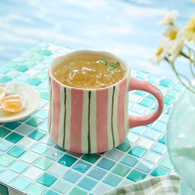 Stripe Ceramic Coffee Mugs, 12oz Vibrant Striped Red Design Cute Mugs, by DelightsGalore