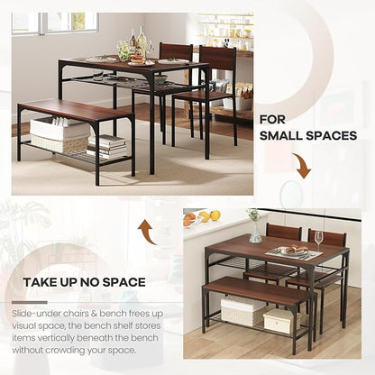 NAFORT 4-Piece Dining Table Set for 4, Industrial Kitchen Table with 2 Chairs & Bench, Rustic Wood Dining Set with Metal Frame & Storage Shelves, Space-Saving Dining Furniture for Apartment