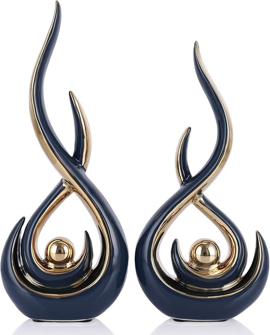 Ceramic Abstract 2 Piece Statue Set, Blue and Gold Home Decor Accents for Home Decor Statue Mantel Shelf Decor Unique Shelf Decor on Mantel, TV Cabinet Divider Table Top and Dining Table Centerpiece.