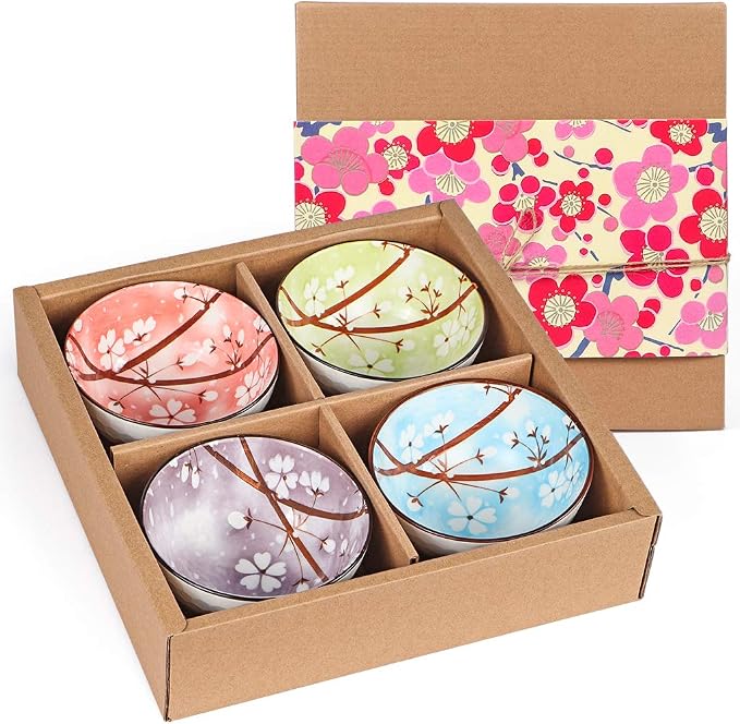Ceramic Rice Bowls 10 oz, Sakura Bowl Gift Set by Sanbege