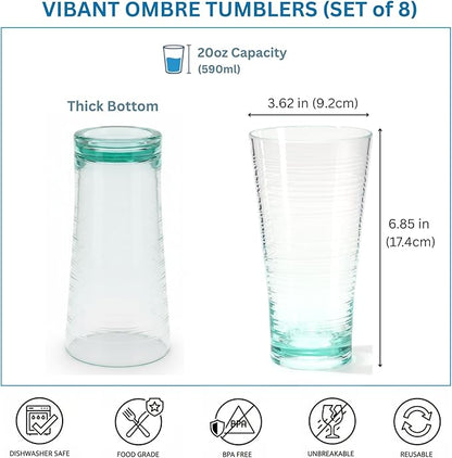 8-Piece Ombre Tumbler Set, 20oz Plastic Drinking Glasses, Assorted Colors, Shatterproof BPA-Free Drinkware, Large Stackable Cups for Patio, Pool, Gift, Everyday Use, Top-Rack Dishwasher Safe