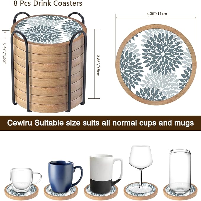 Wood Coasters Set of 8 with Holder, Cewiru Cup Mat - Image 6