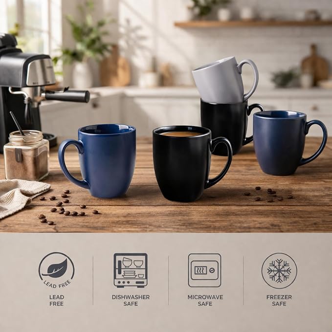 AmorArc 16 oz Coffee Mugs Set of 6, Large Ceramic Matte Black Coffee Cups | - Image 4