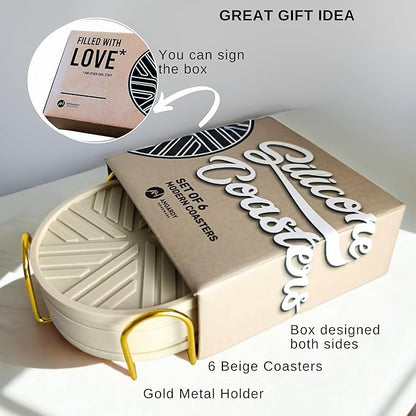 Beige Silicone Drinks Coasters Set of 6 - with Gold Holder, Smart Modern Grooved Pattern to Prevent Sticking from Cups, Protecs to Coffee Tables - Boho Vinatge Home Office bar Decor