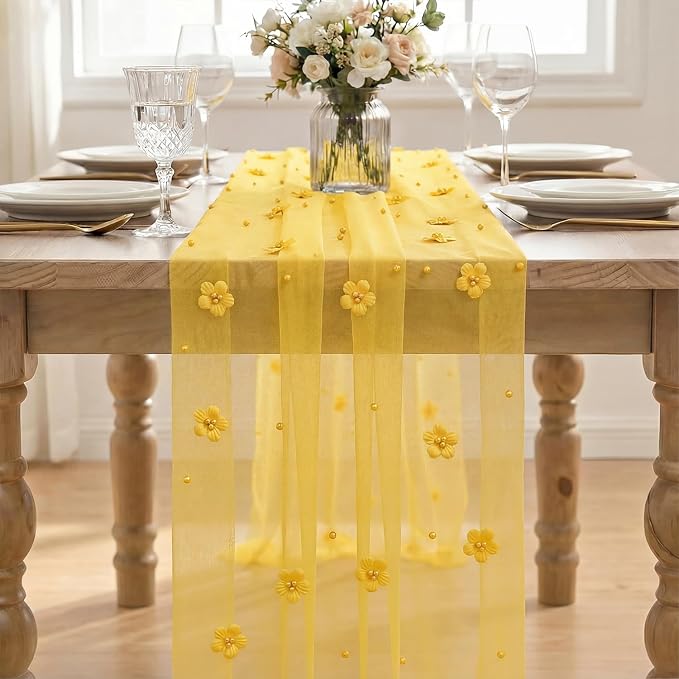 Artoid Mode Yellow Flower Pearl Yellow Gauze Table Runner 10FT 6PC, Seasonal - Image 2