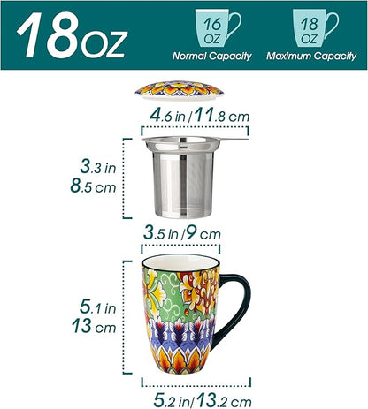 vancasso Ceramic Tea Mug with Infuser and Lid, 18 Ounce Bohemian Loose Leaf Cup, Microwave & Dishwasher Safe, Perfect for Tea, Coffee, Lime-Green Fiesta