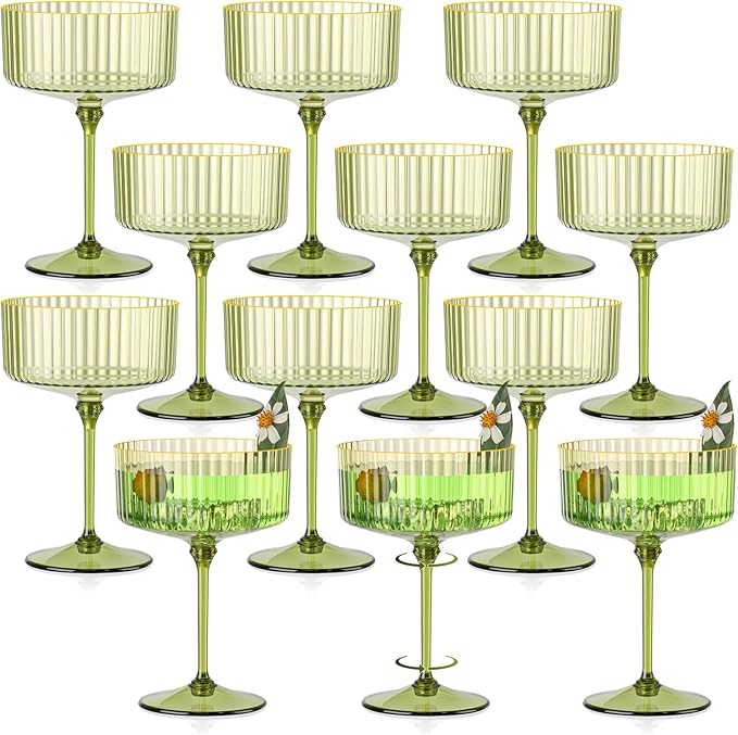 12 PCS Gold Rim Plastic Champagne Coupe Cup Sage Green Ribbed Coupe Glasses 10oz Detachable Espresso Martini Glass Vintage Margarita Glassware Cocktail Glass Set for Baby Shower Christmas Wedding