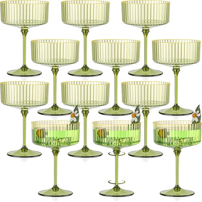 12 PCS Gold Rim Plastic Champagne Coupe Cup Sage Green Ribbed Coupe Glasses 10oz Detachable Espresso Martini Glass Vintage Margarita Glassware Cocktail Glass Set for Baby Shower Christmas Wedding