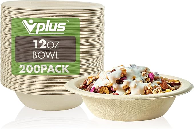 Vplus 200 Pack 12 OZ Compostable Paper Bowls, Bagasse Bowls，Nature | Disposable by Vplus