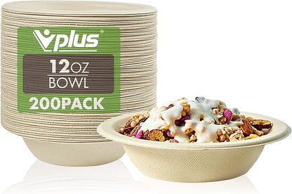Vplus 200 Pack 12 OZ Compostable Paper Bowls, Bagasse Bowls，Nature | Disposable by Vplus