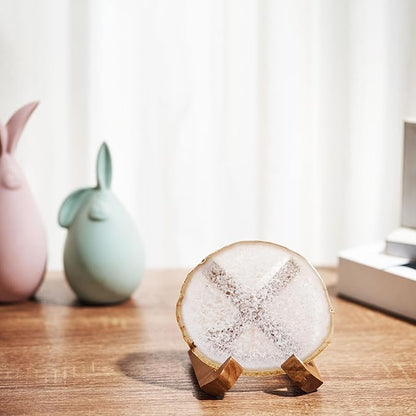 Luxury Lane Large Natural Brazilian Agate Slice Geode Rock Stone Drink Coaster with Wood Holder 4.7-5.5 inch Centerpiece Table Decoration, White