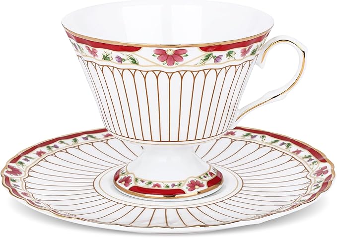 fanquare Nordic Style Tea Cup and Saucer, Classic Stripes Floral Teacup by fanquare