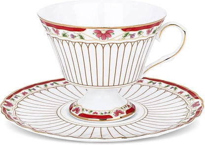 fanquare Nordic Style Tea Cup and Saucer, Classic Stripes Floral Teacup by fanquare