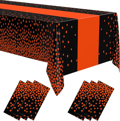 Oudain 6 Pcs Black and Orange Tablecloth for Parties Plastic Dot Tablecloths Printed Table Runner Waterproof Disposable Rectangle Table Cover for Christmas Birthday Wedding Party, 54" x 108"
