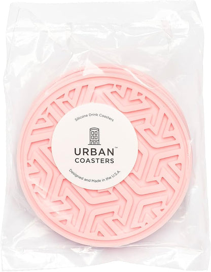 Drink Coasters for Tabletop Protection - Set of 4 No-Slip Silicone Rubber Coasters for Coffee Table, Desk & More - USA-Made Coasters for Drinks w/Liquid-Catching Grooves (Light Pink)