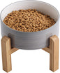 Elevated/Raised Dog Bowl Ceramic with Wood Stand for Medium Large Breed,Dog Food Water Dish Heavy Weighted,8 in Non Slip Modern Cute Porcelain Pet Bowl Extra Large Grey White