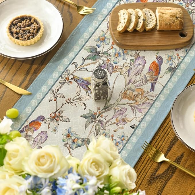Artoid Mode Blue Birds Flowers Blossom Table Runner, Seasonal Spring Floral - Image 5