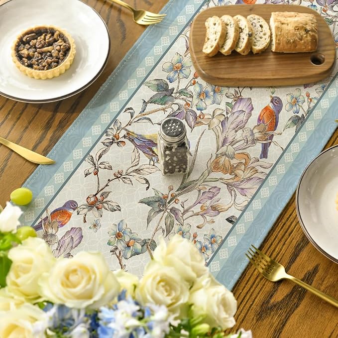 Artoid Mode Blue Birds Flowers Blossom Table Runner, Seasonal Spring Floral - Image 4