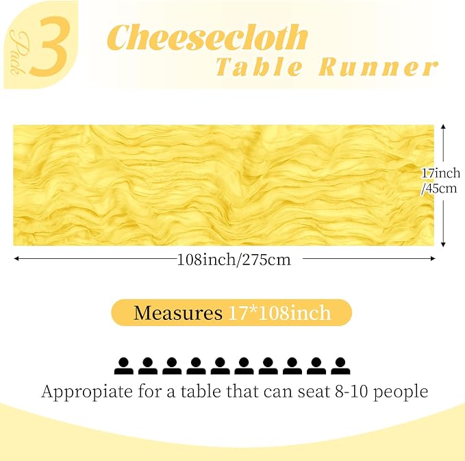 3 Pack Lemon Yellow Cheesecloth Table Runner, 17 x 108 Inch, Gauze Cheese Cloth - Image 2