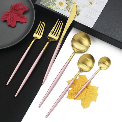 JASHII Luxury 18/10 Pink Handle Flatware Gold Silverware Set 304 Stainless Steel Flatware Cutlery Set| 24-Piece Adaline Royal Modern Satin Finish| BEST Birthday Wedding Gift (Pink Handle Matte Gold)