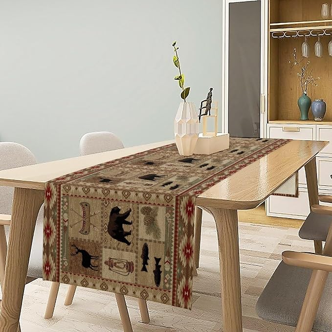 Vintage Rustic Cabin Bear Table Runner, Cottage Country Style Pine Tree Elk - Image 2