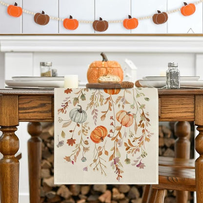 RABUSOFA Orange Pumpkins Floral Fall Table Runner, Seasonal Autumn Kitchen - Image 5