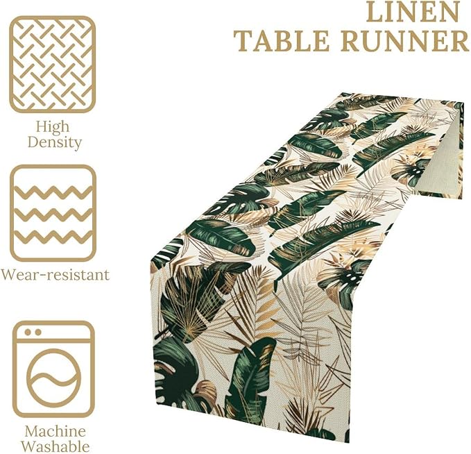 Gold Tropical Leaves Table Runner Jungle Green Plam Leaves Retro Boho Hawaii - Image 4