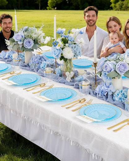 YOUBET 175PCS Blue Scalloped Plastic Plates - Light Blue Disposable Dinnerware Set Include 50 Plates, 75 Gold Silverware, 25 Cups, 25 Napkins for Party & Wedding & Baby Shower