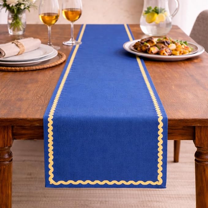Folkulture Fall Table Runner 72 Inches Long | Blue & Yellow Rick Rack | Table by FOLKULTURE