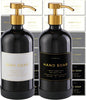 Hand and Dish Soap Dispenser for Kitchen and Bathroom, Set of 2 16 Oz Glass Bottles, Stainless Steel Pumps, Non-Slip Silicone Base, 27 Waterproof Labels (Gloss Black Bottle/Brushed Gold Pump)