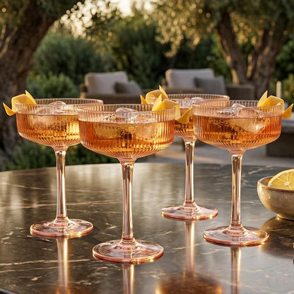 Khen Pink Peach Acrylic Ribbed Coupe Martini Champagne Cocktail Glasses - Image 6