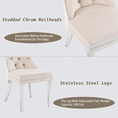 KCC Velvet Dining Chairs Set of 6, Upholstered High-end Tufted Dining Room Chair with Nailhead Back Ring Pull Trim Stainless Steel Legs, Contemporary Nikki Collection Modern Style for Kitchen, Beige