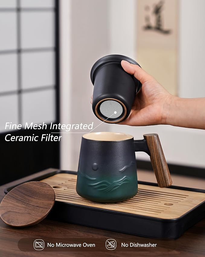 ZENS Tea Infuser Mug with Lid for Loose Tea Steeper, 14.5oz Wooden Handle | - Image 5