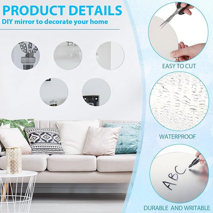 Cindeer Set of 24 Acrylic Round Mirror Plate Circle Mirror Trays Wedding Baby Shower Party Centerpieces for Tables Self Adhesive Non Glass Stickers for Home or Wall Candle Crafts Decor(10 Inch)