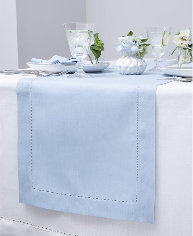 Solino Home 100% Linen Table Runner Sky Blue, Classic Hemstitch 14 x 156 in | - Image 2